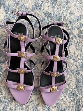 Versace Lilac Strappy Sandals with Gold Medusa Accents